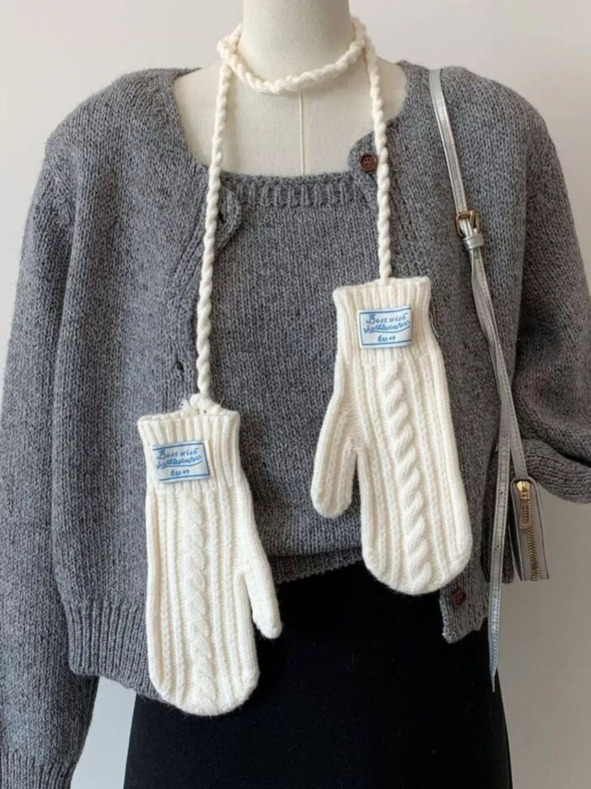 Cable Knitted Mittens with Neck Strap - Lilixa.store