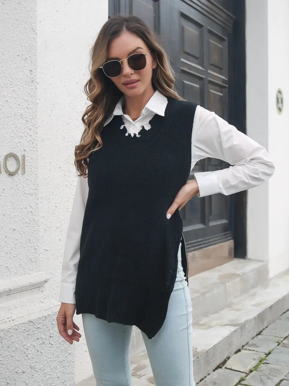 Frayed Hem Slit Sweater Vest in Black, view 4