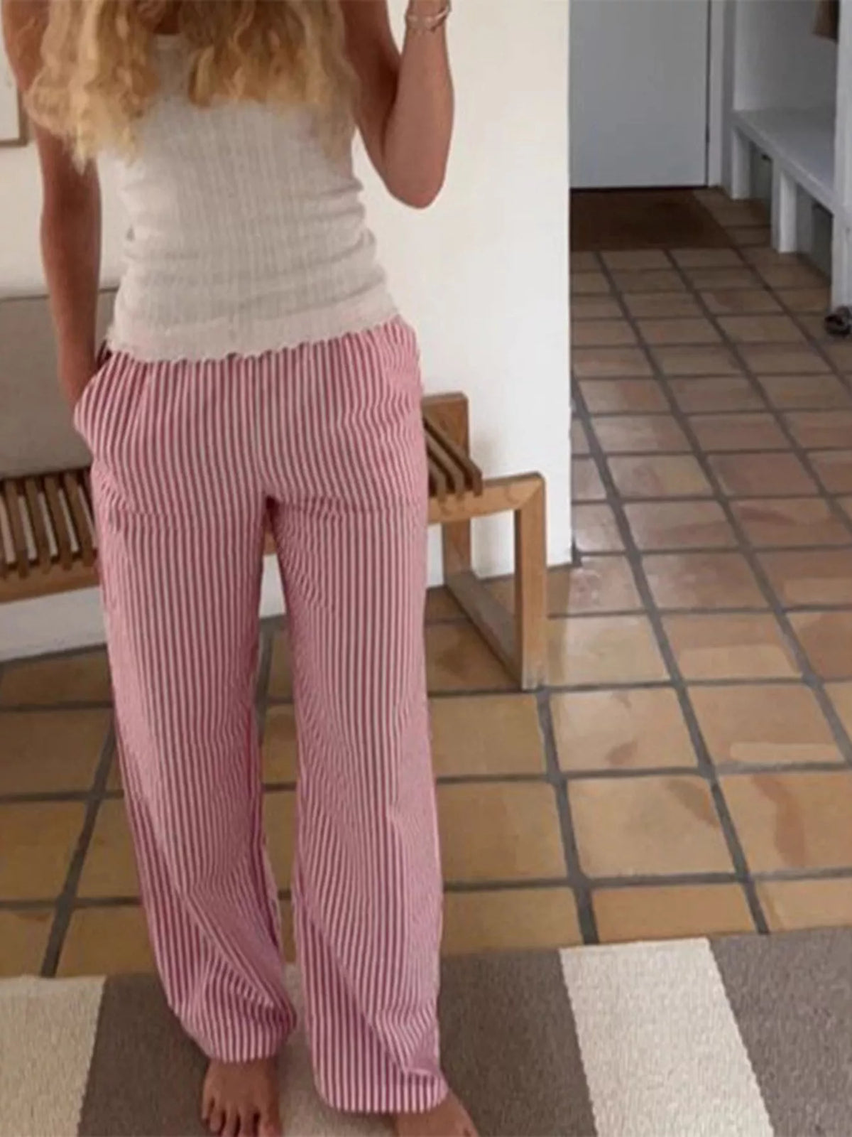 Striped High-Waisted Drawstring Casual Pants