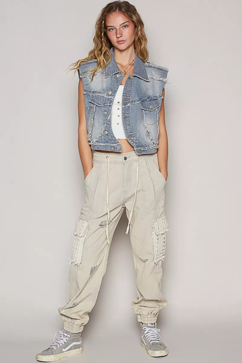 POL Assymetrical Front Closure Raw Hem Denim Vest, view 7