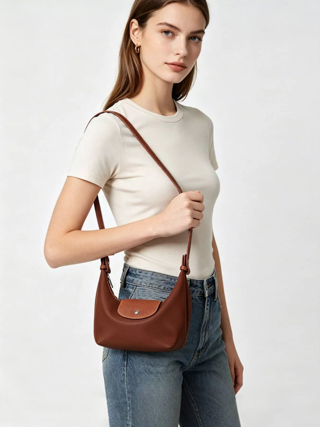 Minimalist Leather-Trimmed Shoulder Bag in Dark Brown, view 4