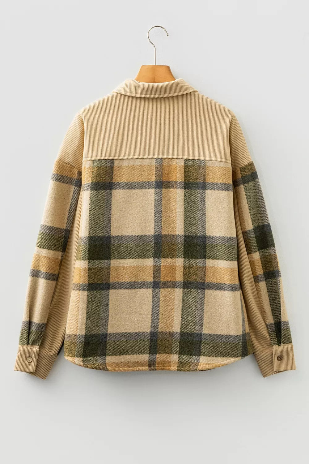 Retro Plaid Corduroy Patchwork Shacket in Tan, view 4