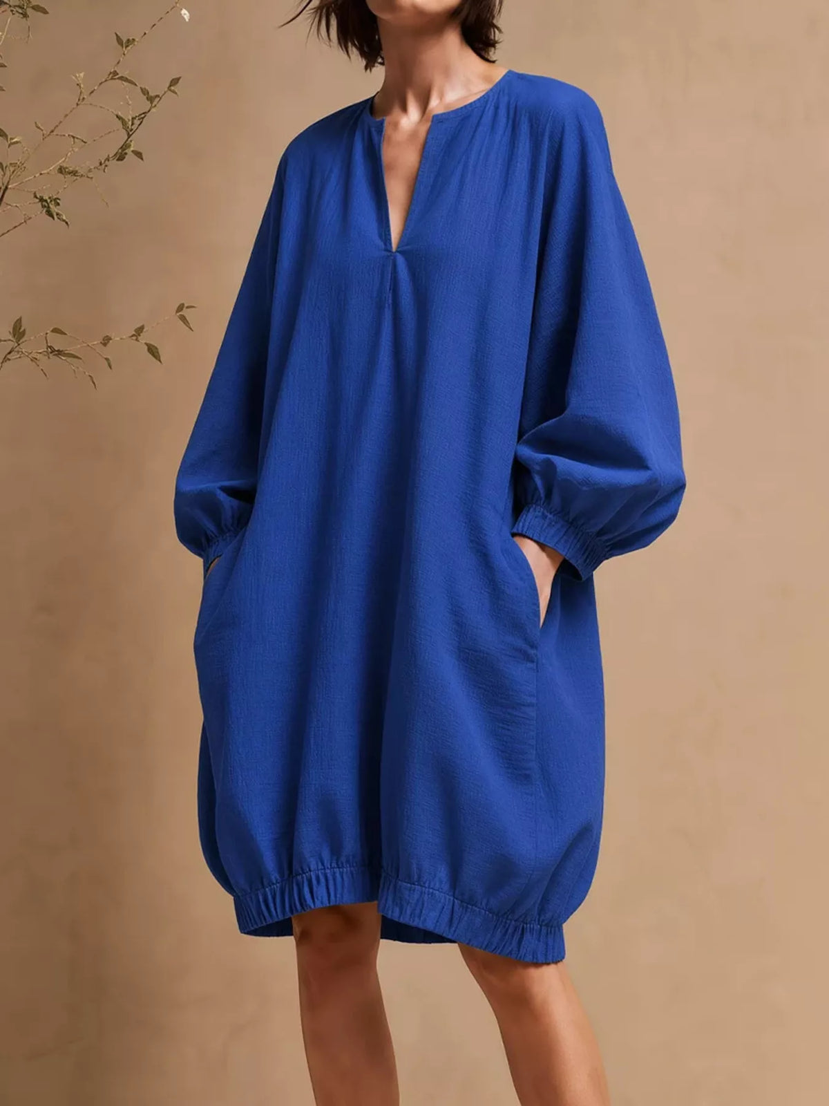 Casual Loose-Fit Balloon Sleeve Mini Dress with Pockets in Royal Blue