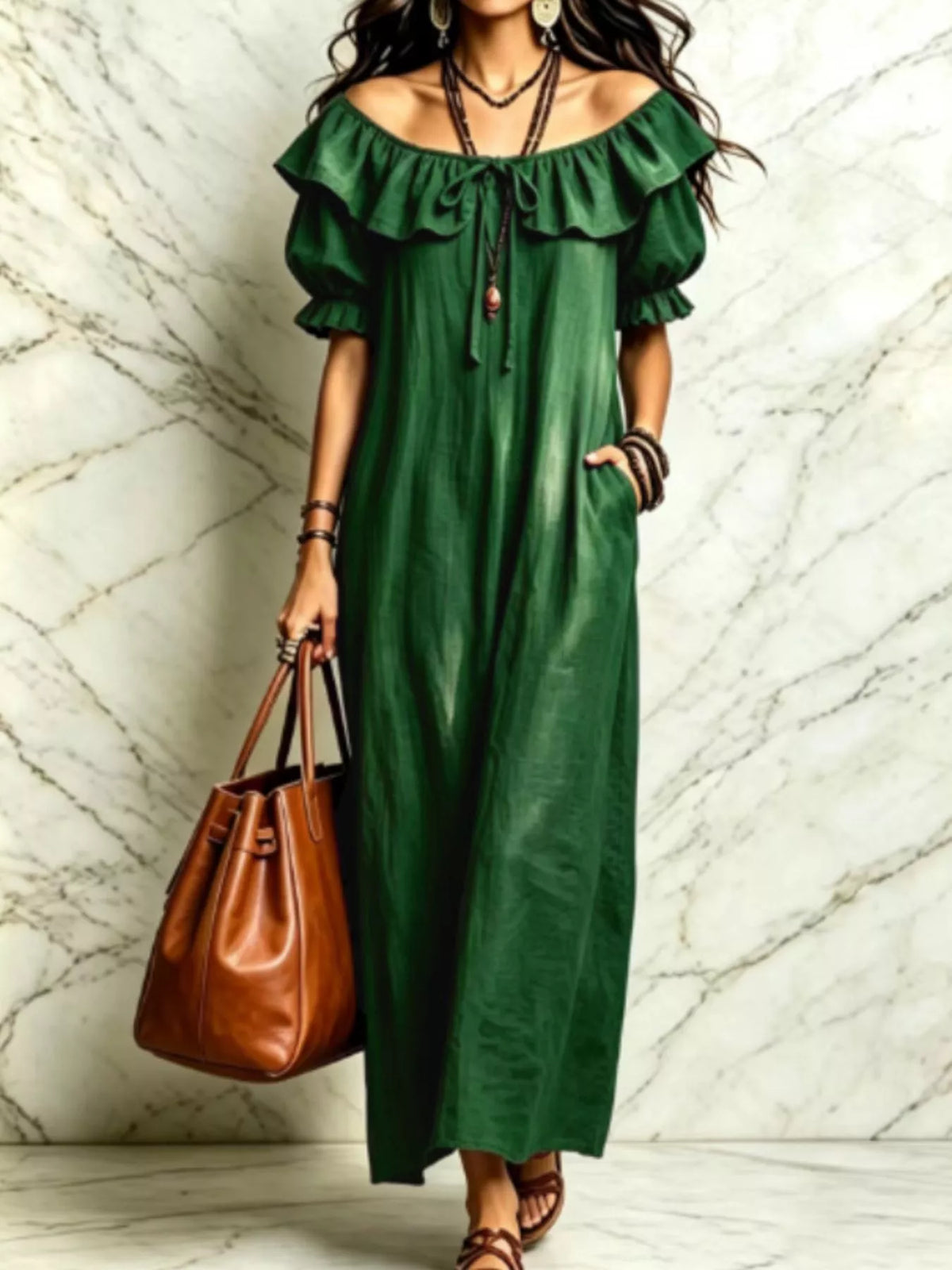 Ruffle Trim Puff Sleeve Maxi Dress - Lilixa.store