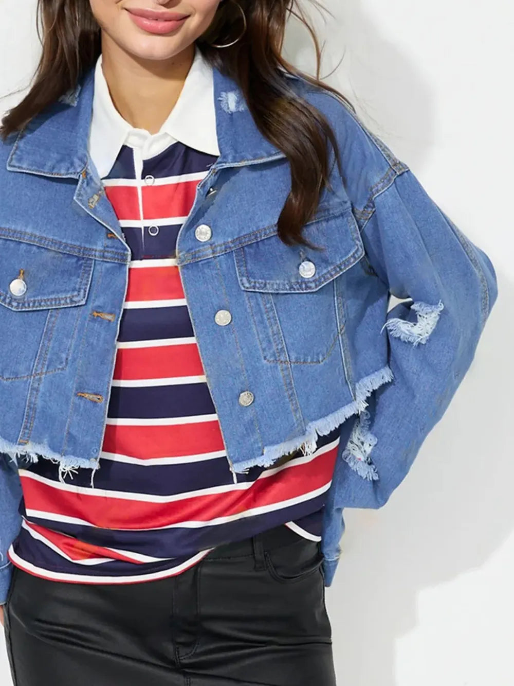 Raw Hem Collared Neck Cropped Denim Top - Lilixa.store