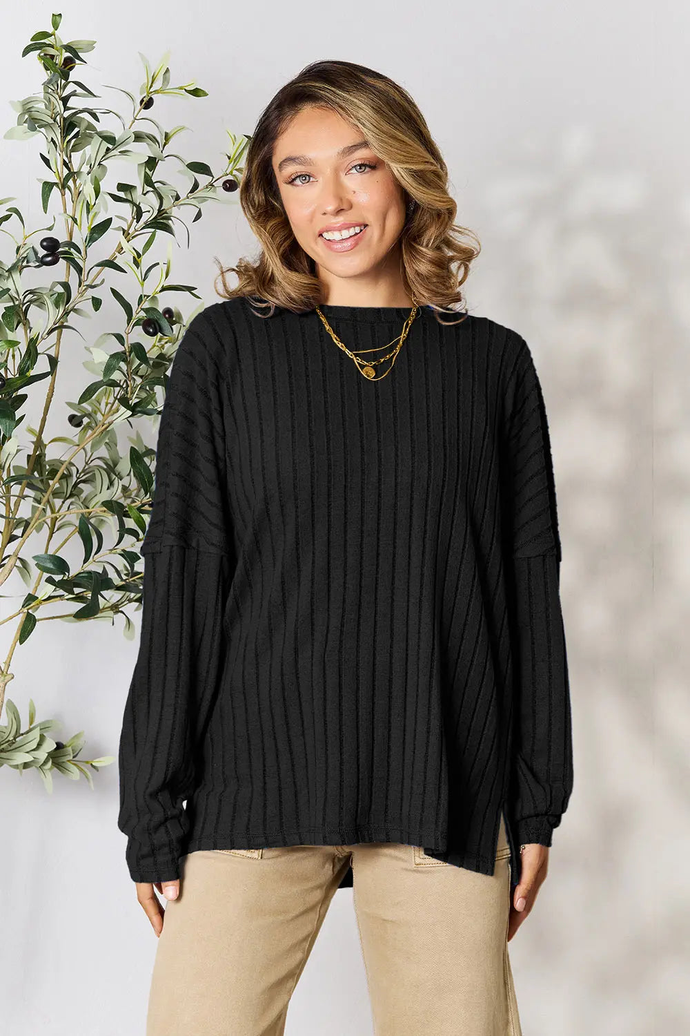 Basic Bae Full Size Ribbed Round Neck Slit Knit Top - Lilixa.store