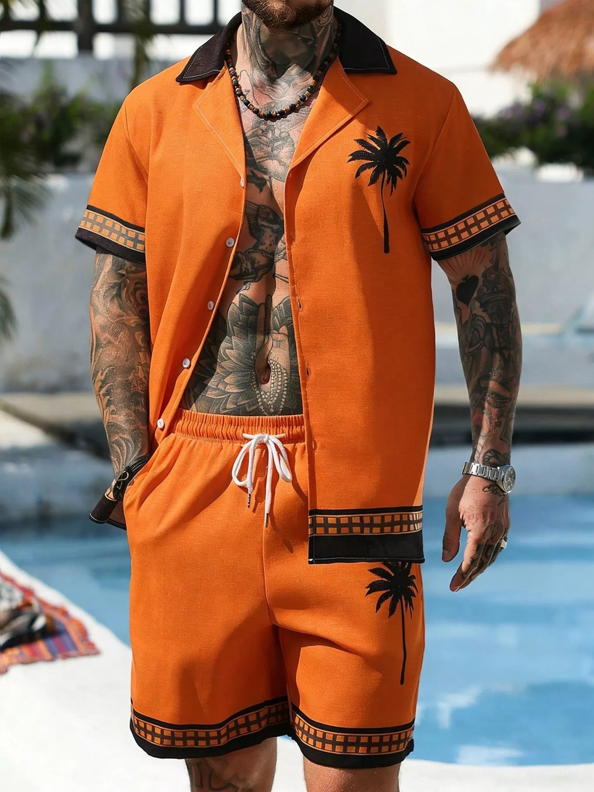 Men's Tropical Palm Tree Print Short Sleeve Shirt and Shorts Set - Lilixa.store