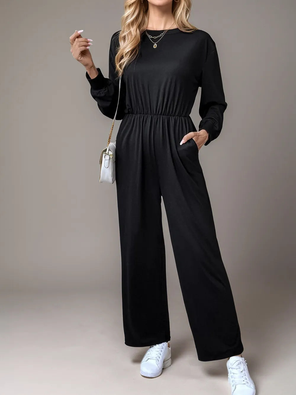 Tied Round Neck Wide Leg Jumpsuit in Black