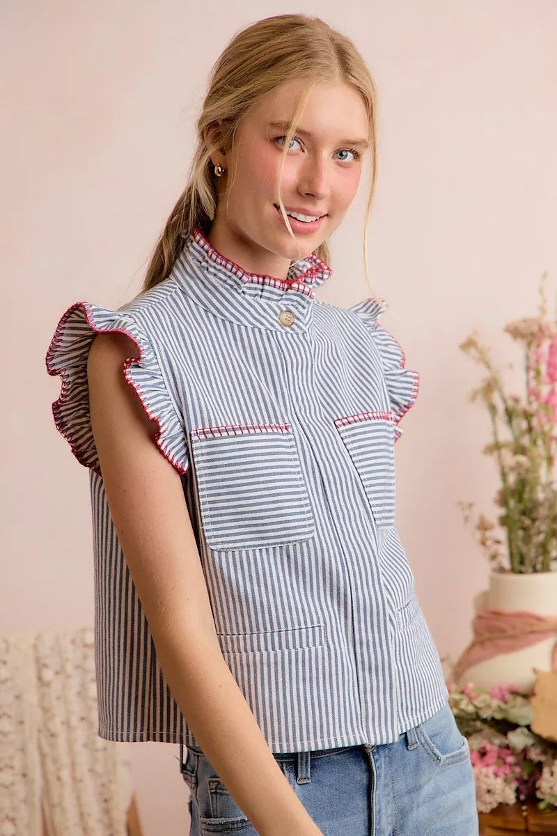 SO ME Stripe Twill Stitch Ruffled Hidden Button Vest Top - Lilixa.store