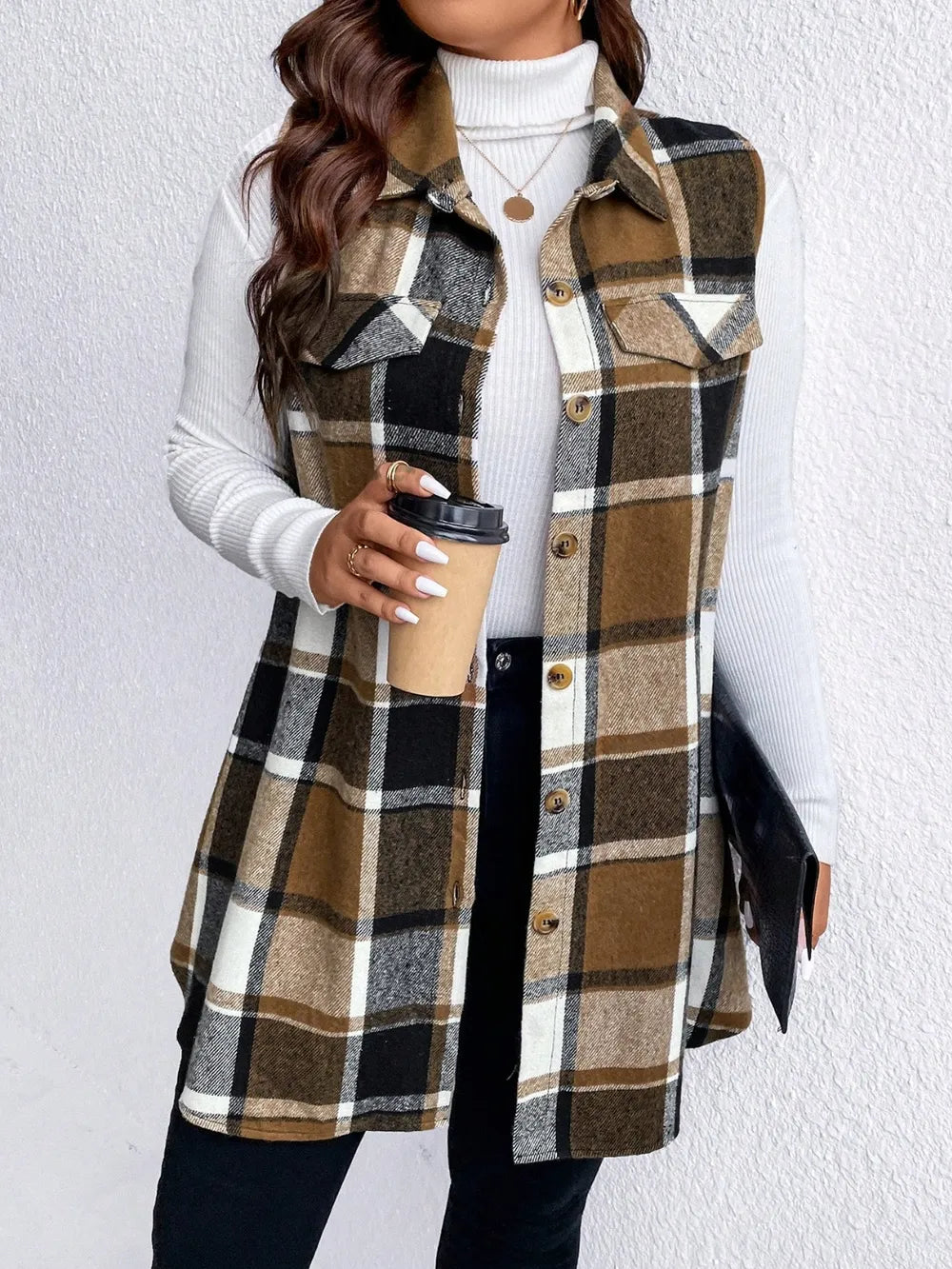 Honey Plus Size Pocketed Plaid Button Up Vest Coat, view 5