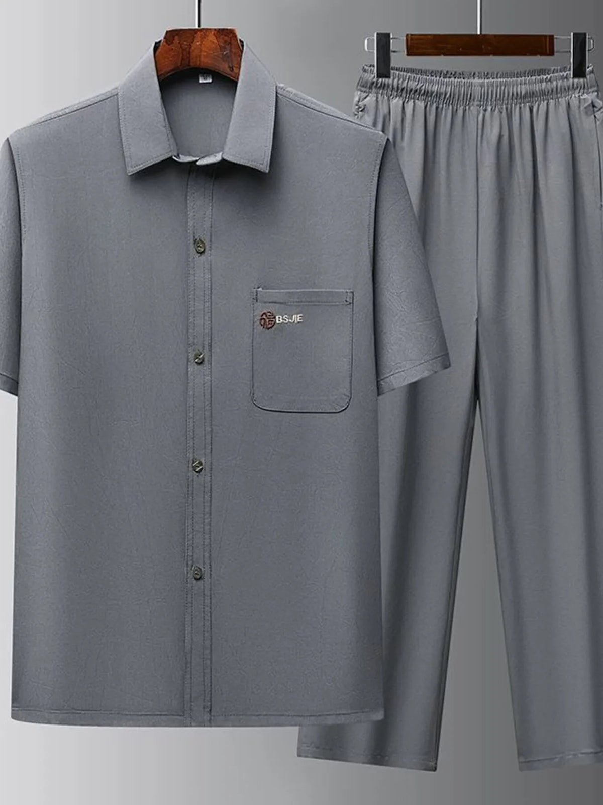 Men's Full Size Button Up Short Sleeve Top and Pants Set Plus Size in Dark Gray