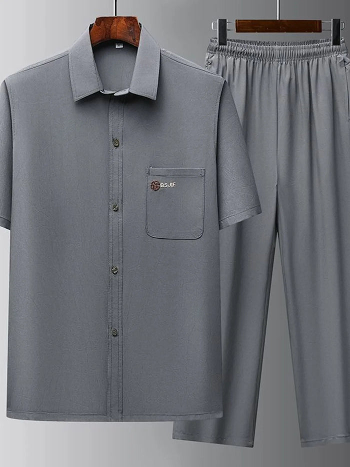Men's Full Size Button Up Short Sleeve Top and Pants Set Plus Size in Dark Gray