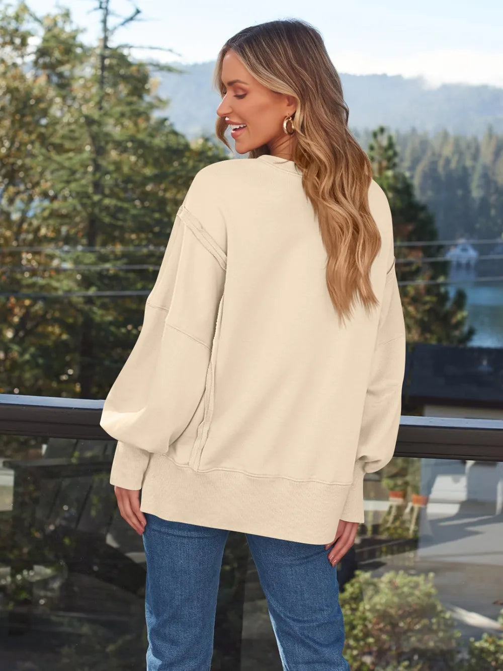 Slit Round Neck Long Sleeve Sweatshirt - Lilixa.store