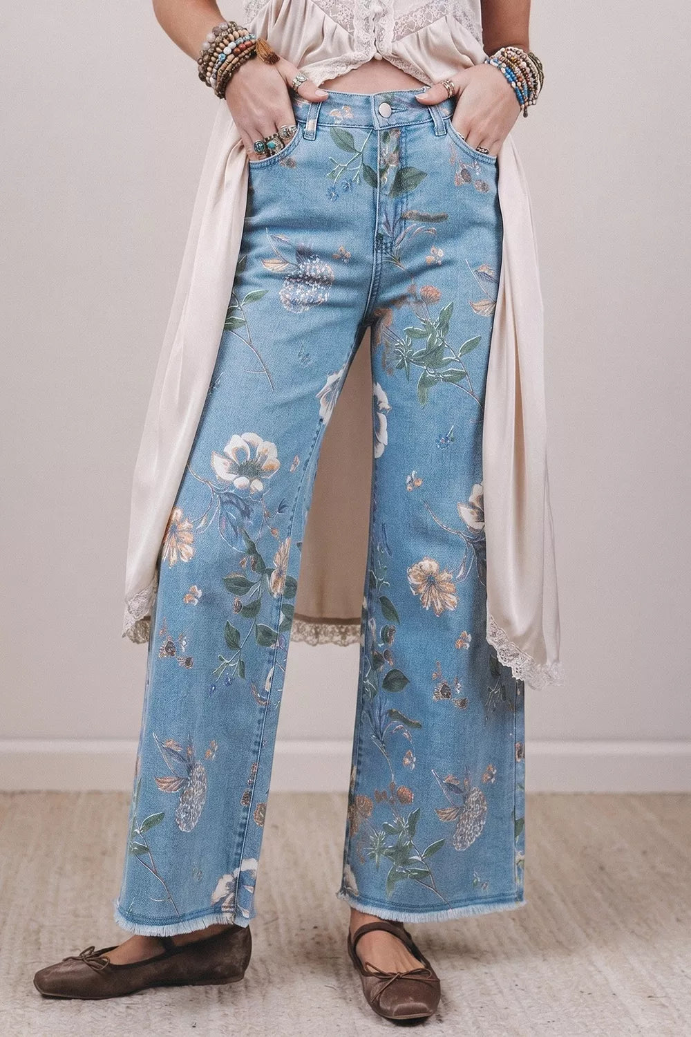 Floral Print Wide-Leg Jeans - Lilixa.store