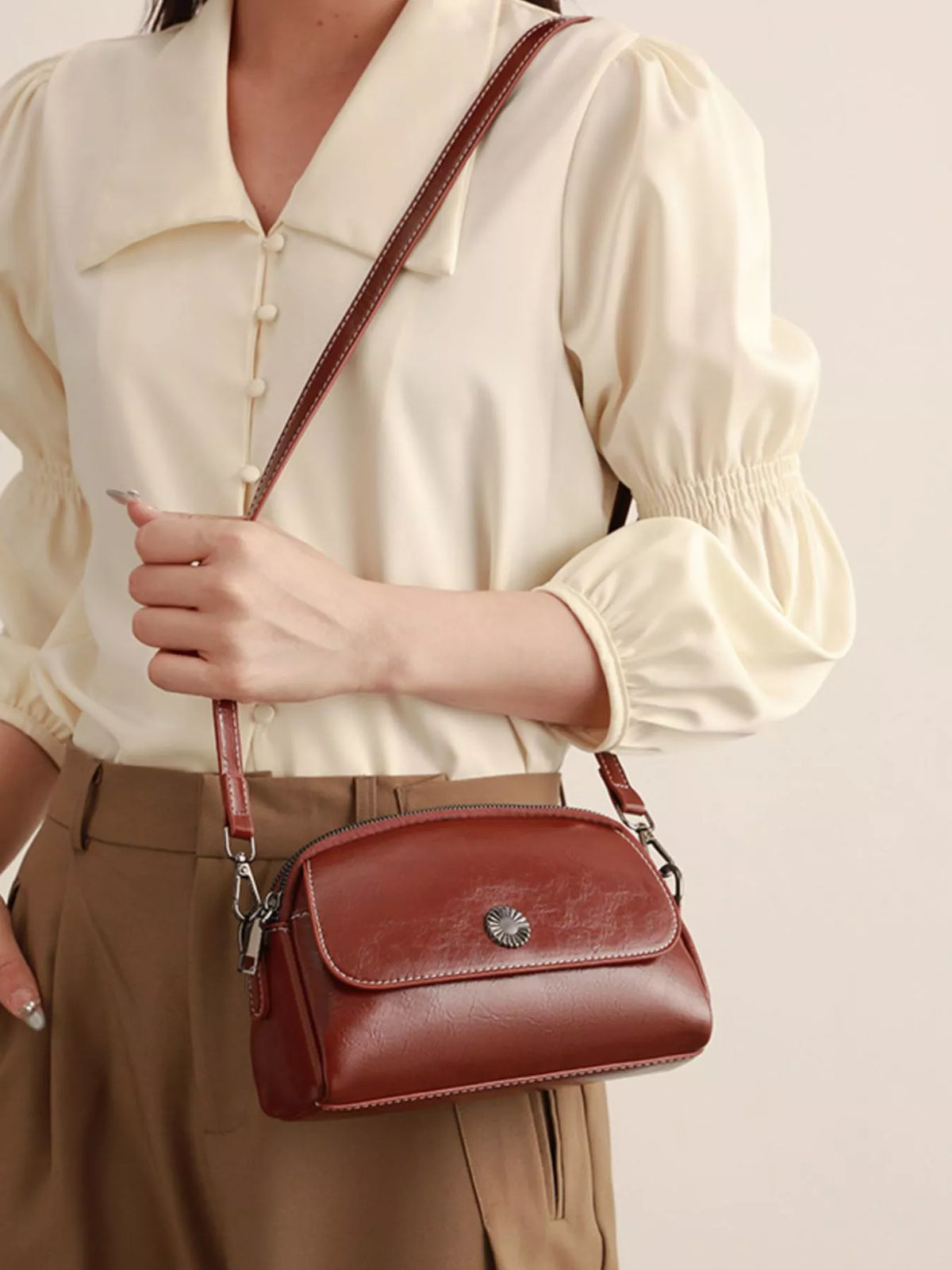 PU Leather Crossbody Bag with Metal Emblem Detail in Brown, view 4