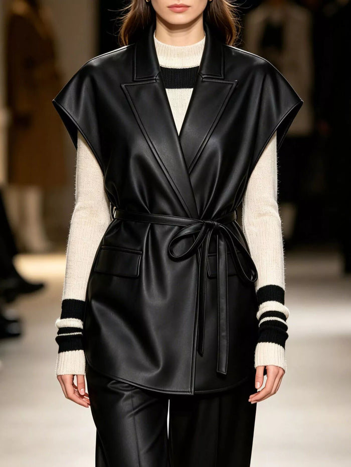Sleek Faux Leather Belted Vest Coat in Black