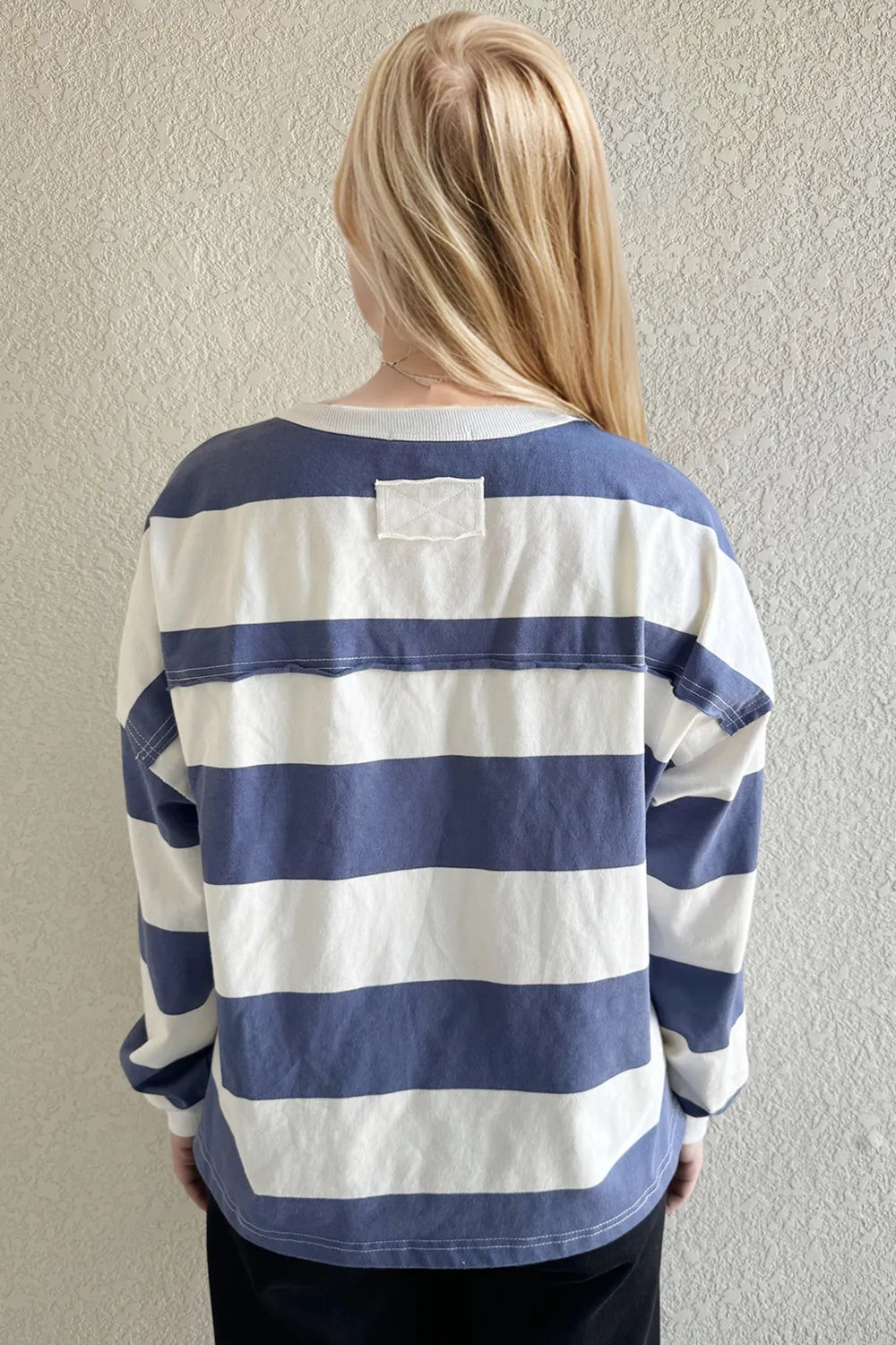 Oh Pima Cotton Wash Exposed Seam Contrast Striped Round Neck Long Sleeve T-Shirt - Lilixa.store