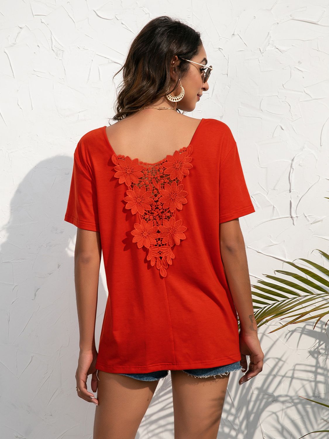 Ivy Lane Lace Trim Short Sleeve Top in Red Orange