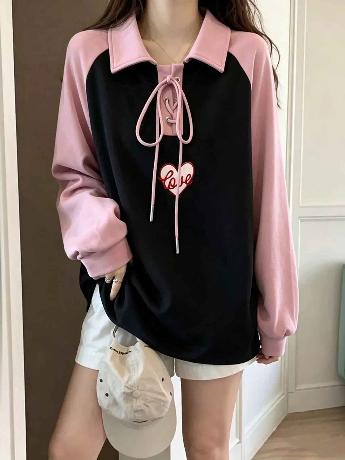 Heart Embroidery Lace-Up Detail Polo Collar Sweatshirt - Lilixa.store