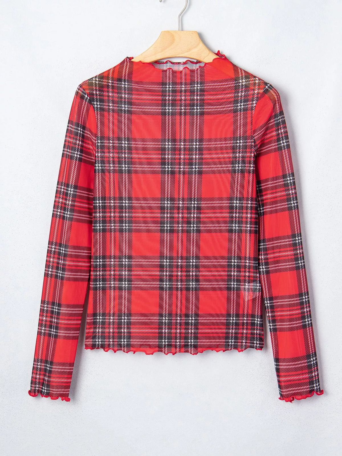 Sheer Plaid Mock Neck Long Sleeve Blouse in Deep Rose, view 5