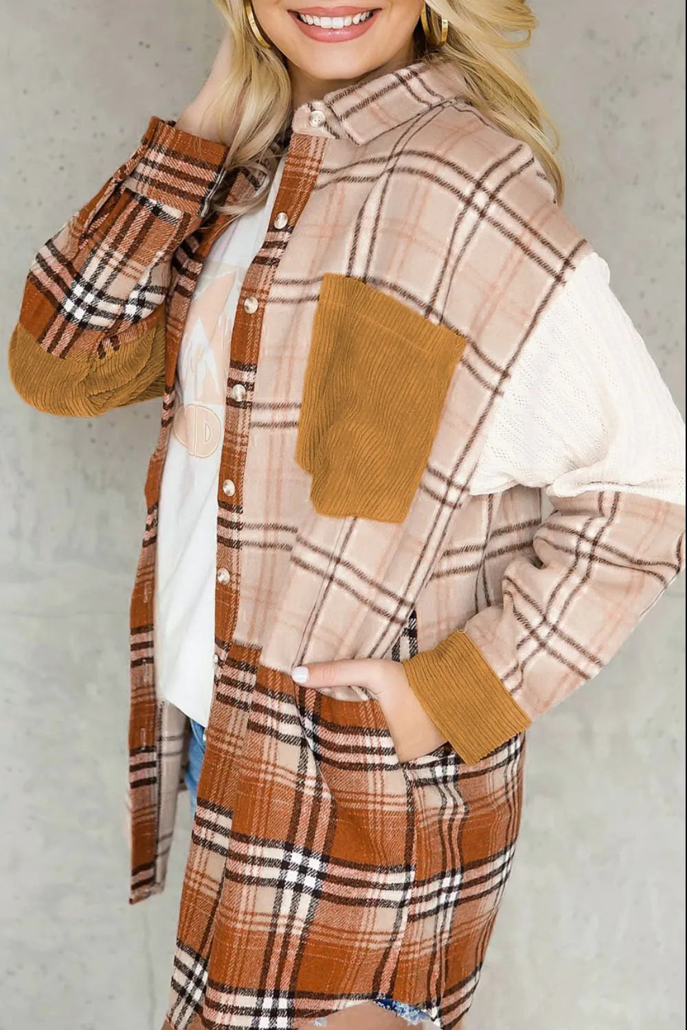 Plaid Button Up Long Sleeve Shacket in Sherbet, view 3