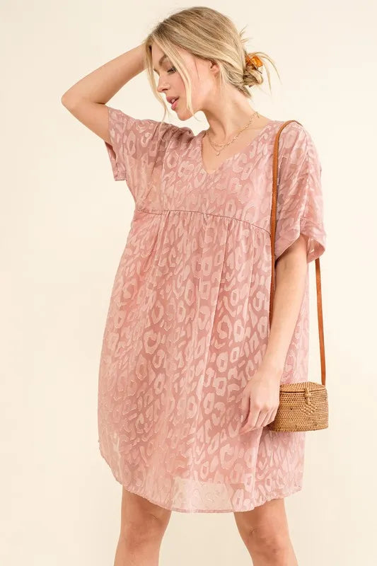 And The Why Woven Leopard Baby Doll Roll-Sleeve Casual Dress - Lilixa.store