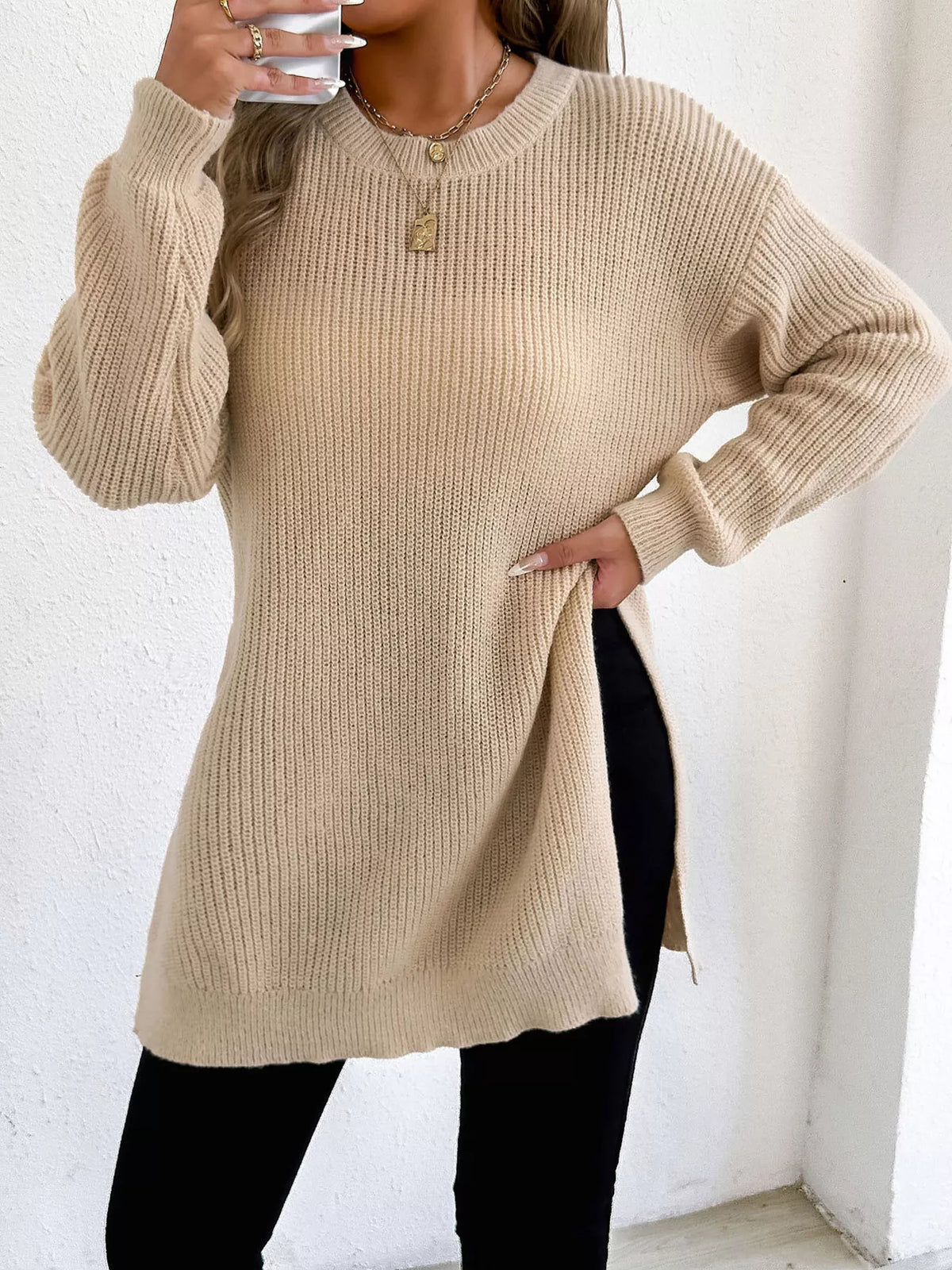 Side-Slit Dropped Shoulder Sweater - Lilixa.store