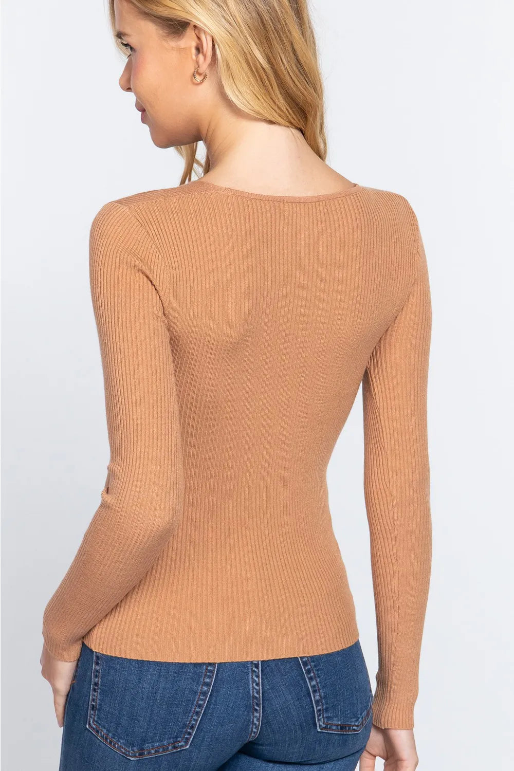ACTIVE BASIC V-Neck Fitted Viscose Rib Knit Top - Lilixa.store