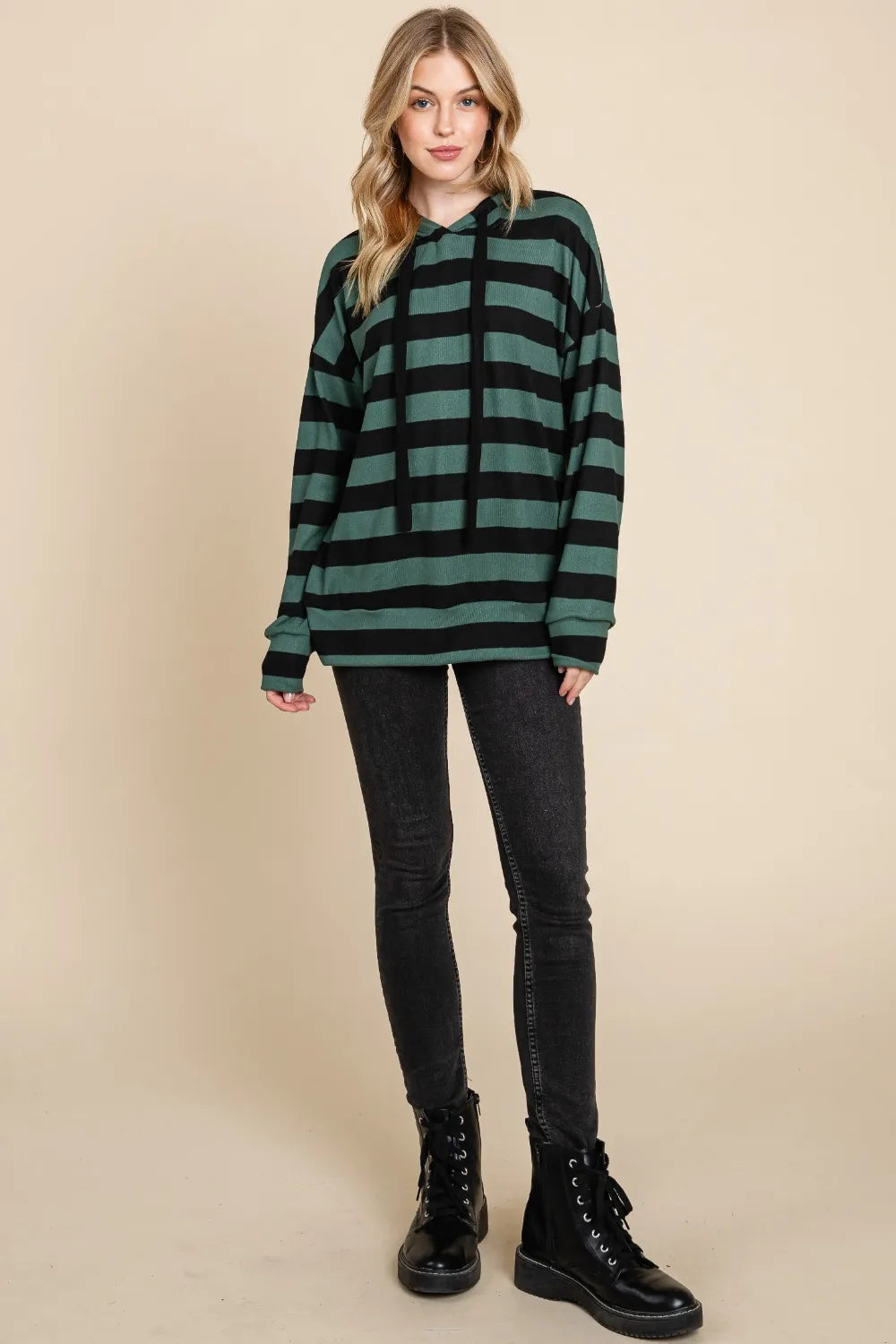 BOMBOM Drawstring Striped Dropped Shoulder Hoodie - Lilixa.store
