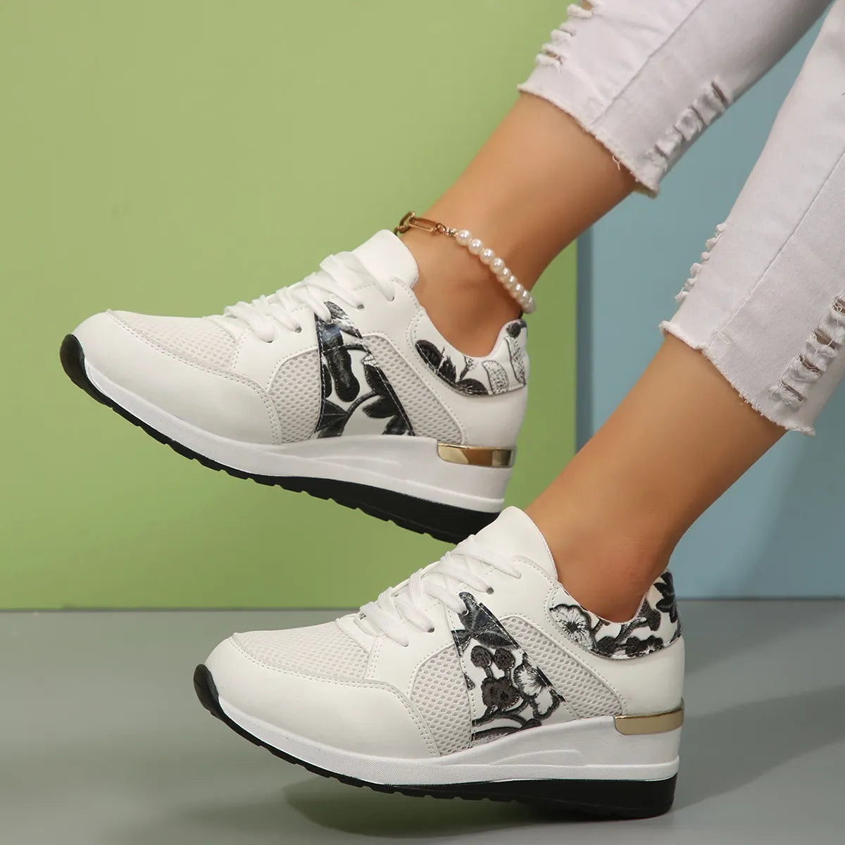 Floral Mesh Wedge Athletic - Lilixa.store