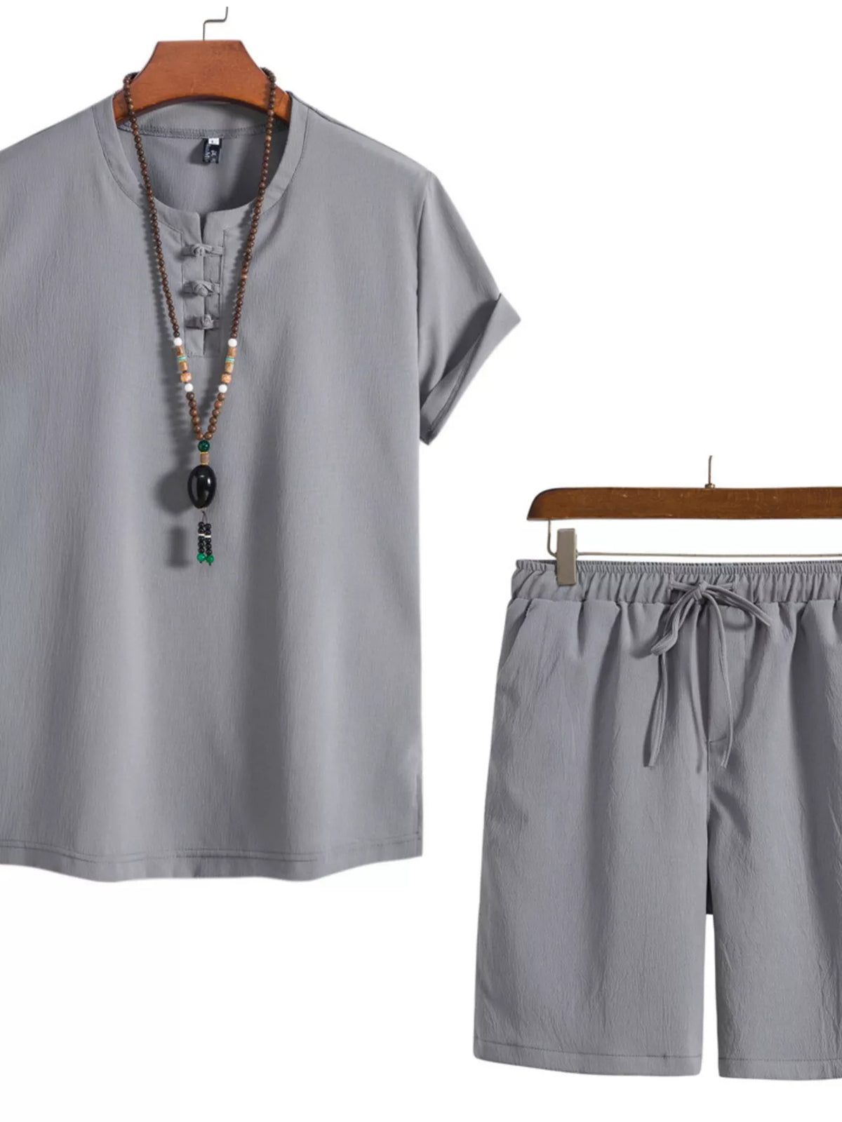Men's Plus Size Mandarin Collar Short Sleeve Shirt and Shorts Set - Lilixa.store