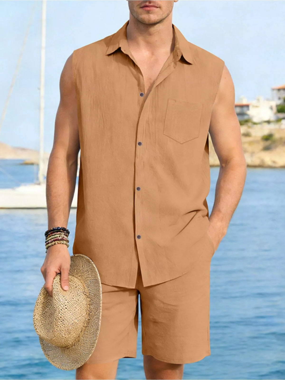 Men's Full Size Button Up Sleeveless Top and Shorts Plus Size - Lilixa.store