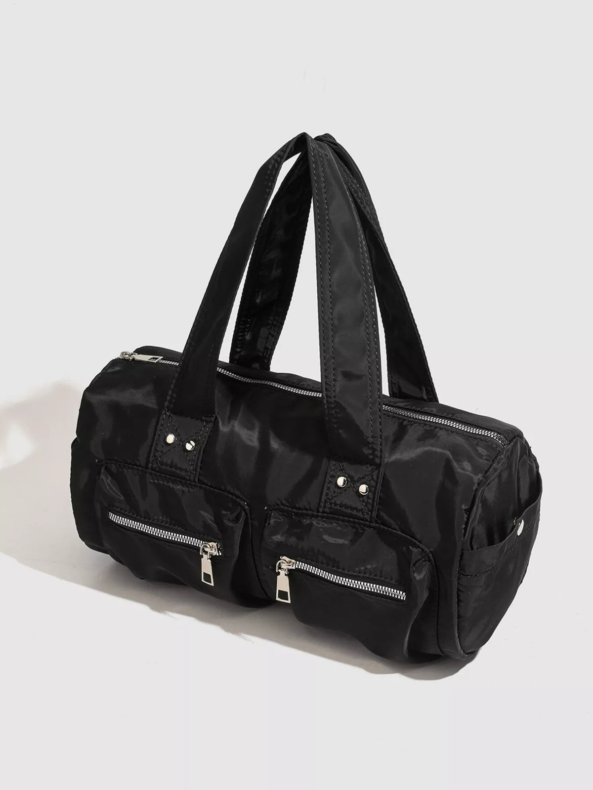 Minimalist Nylon Barrel Shoulder Bag with Multi-Pocket Utility in Black, view 4