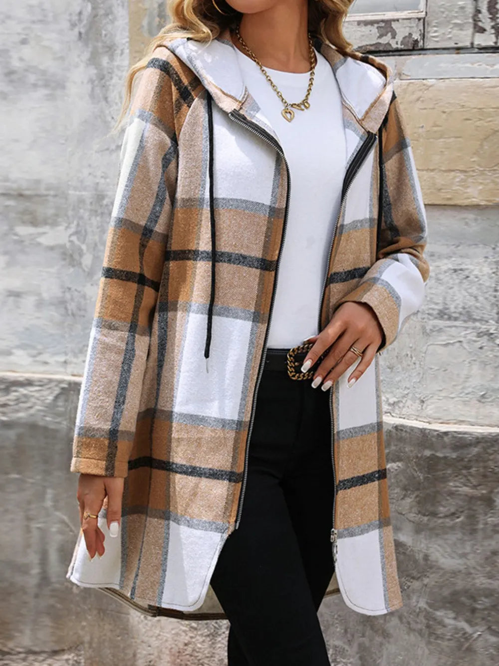 Drawstring Plaid Zip Up Long Sleeve Hooded Outerwear - Lilixa.store