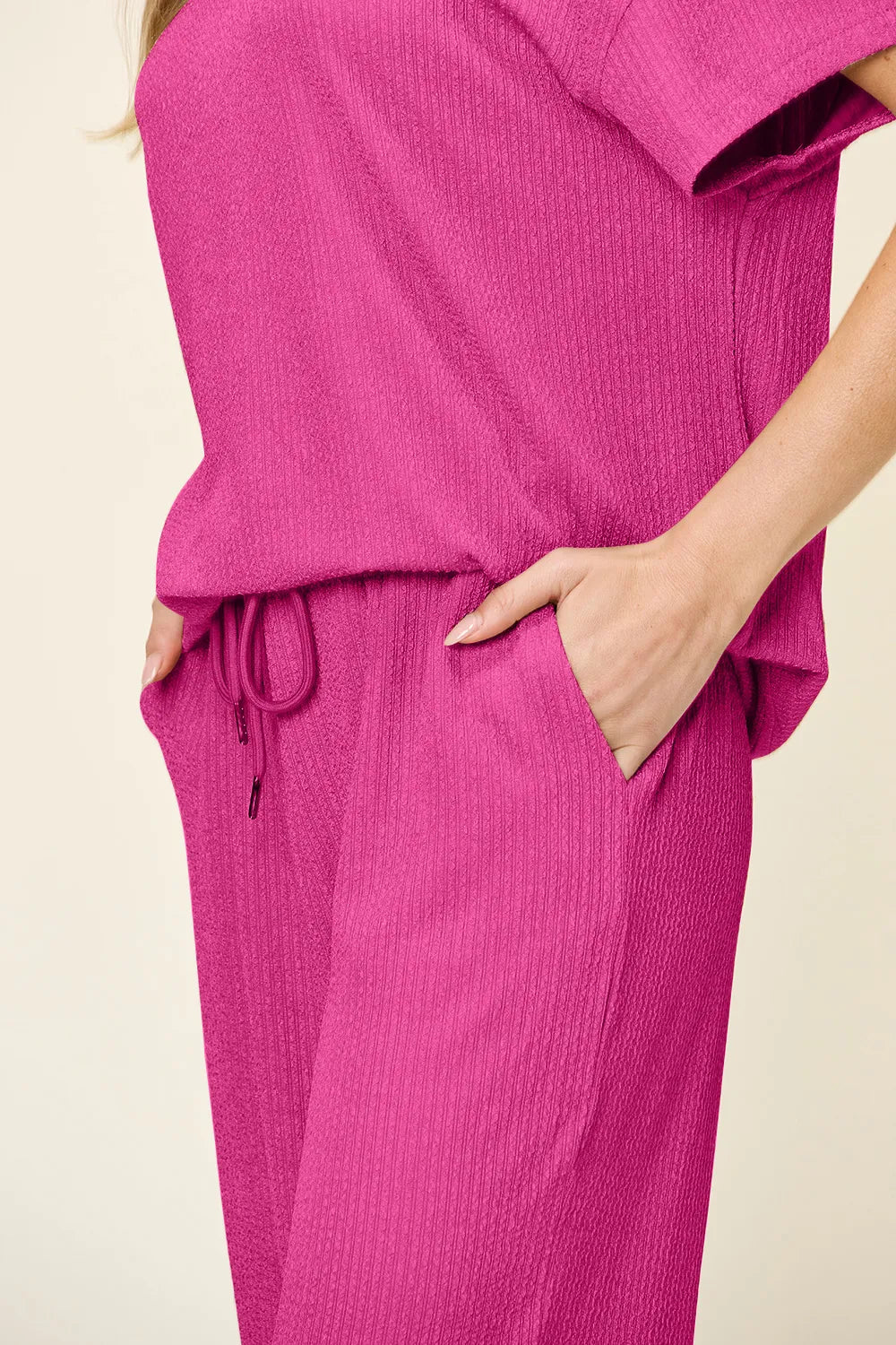Double Take Full Size Texture Round Neck Short Sleeve T-Shirt and Wide Leg Pants, view 15