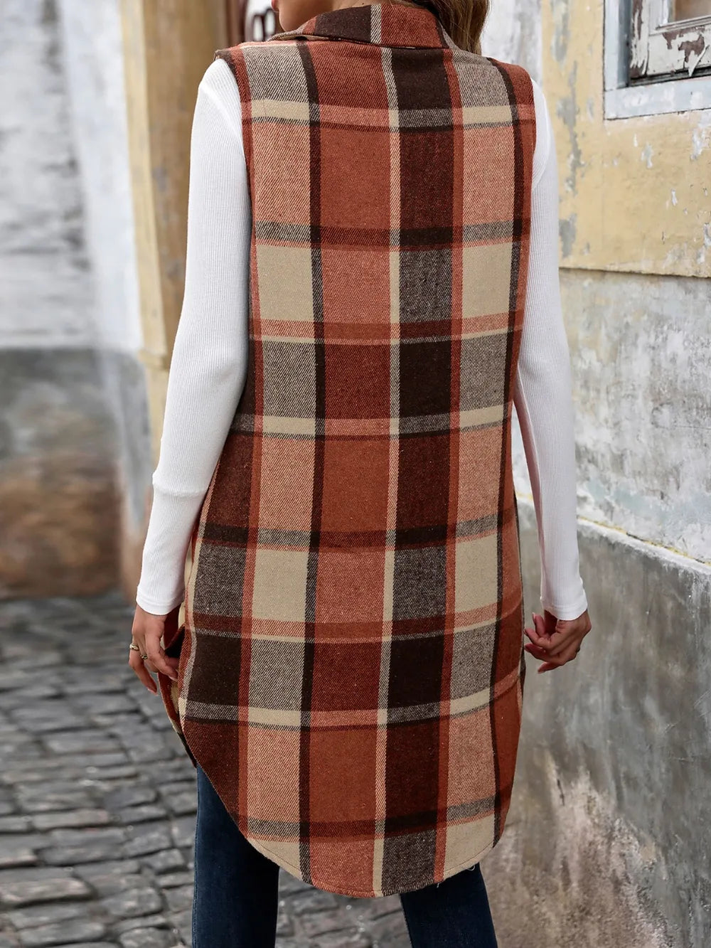 Perfee Pocketed Button Up Plaid Vest in Terracotta, view 2