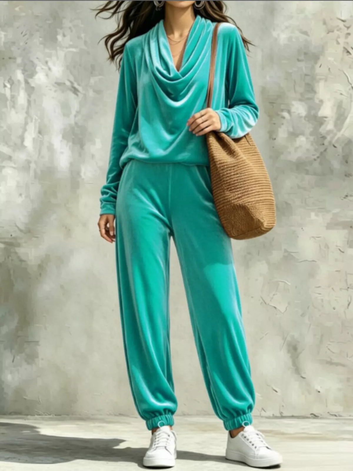 Full Size Velvet Cowl Neck Top and Pants Set Plus Size in Sky Blue