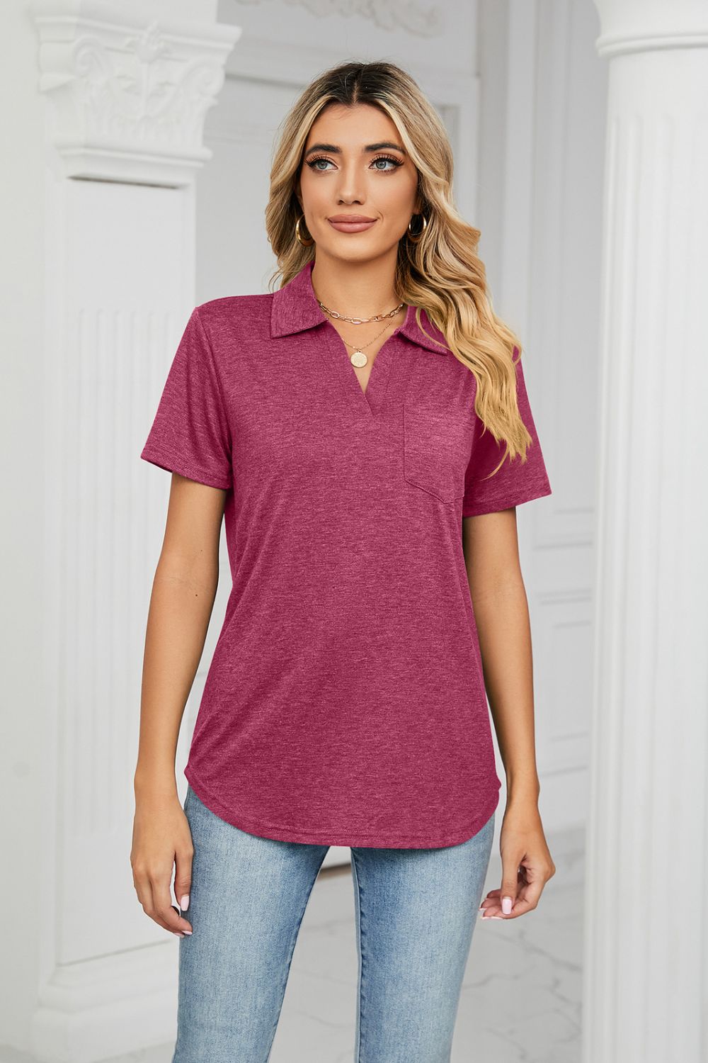 Curved Hem Johnny Collar Polo Shirt in Deep Rose
