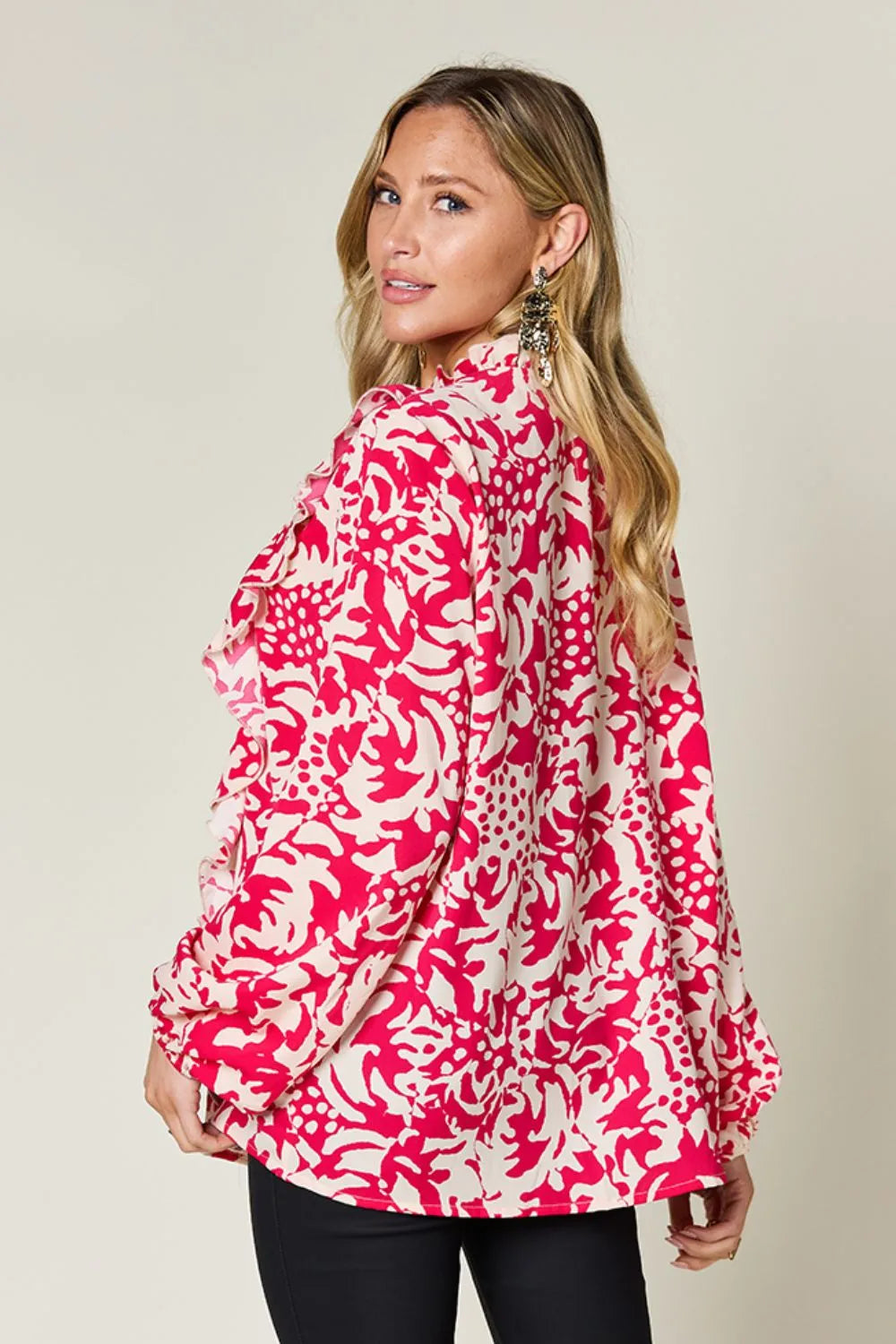 Double Take Full Size Printed Ruffle Trim Balloon Sleeve Shirt - Lilixa.store