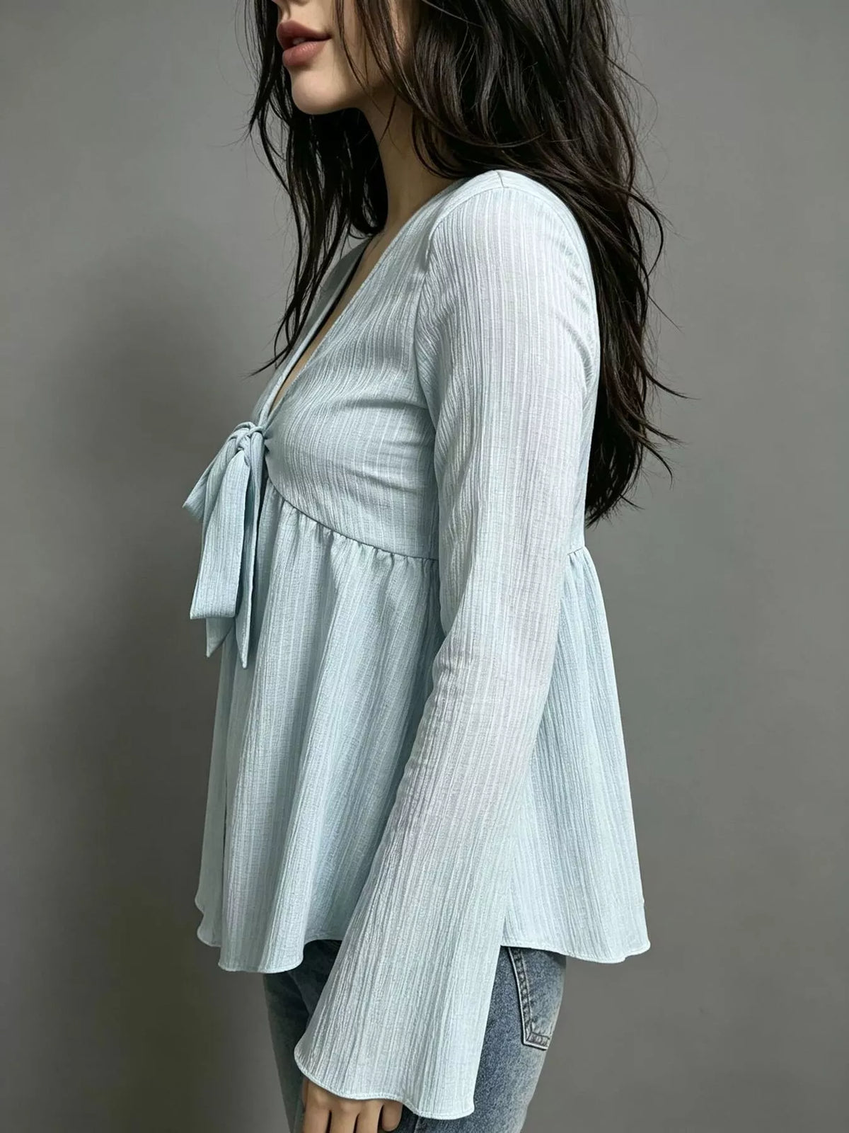 Tie-Front Flare Sleeve Blouse - Lilixa.store