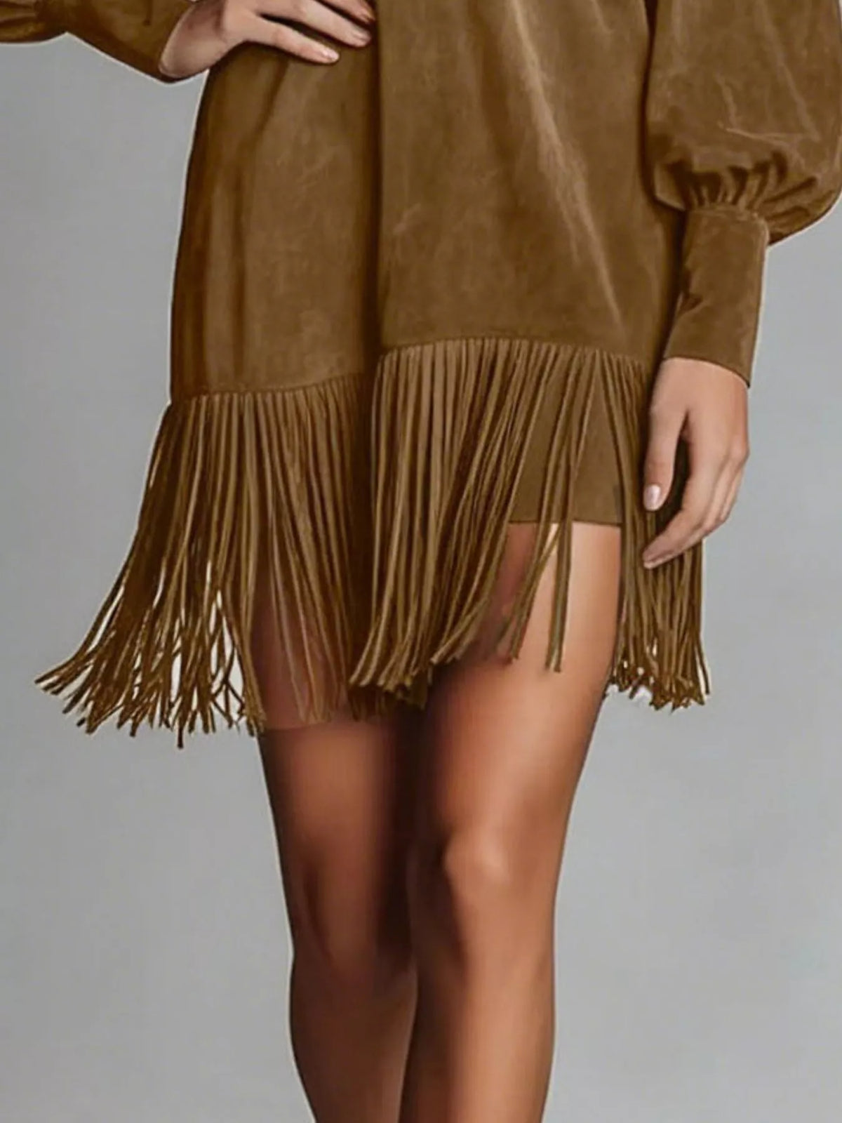 Fringed Lantern Sleeve Dress - Lilixa.store