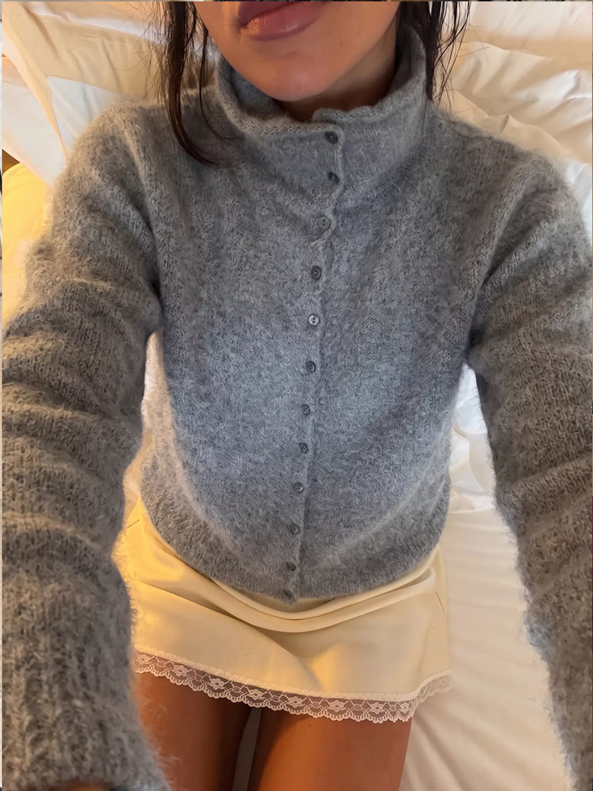 Mock Neck Button-Down Fuzzy Knit Cardigan, view 12