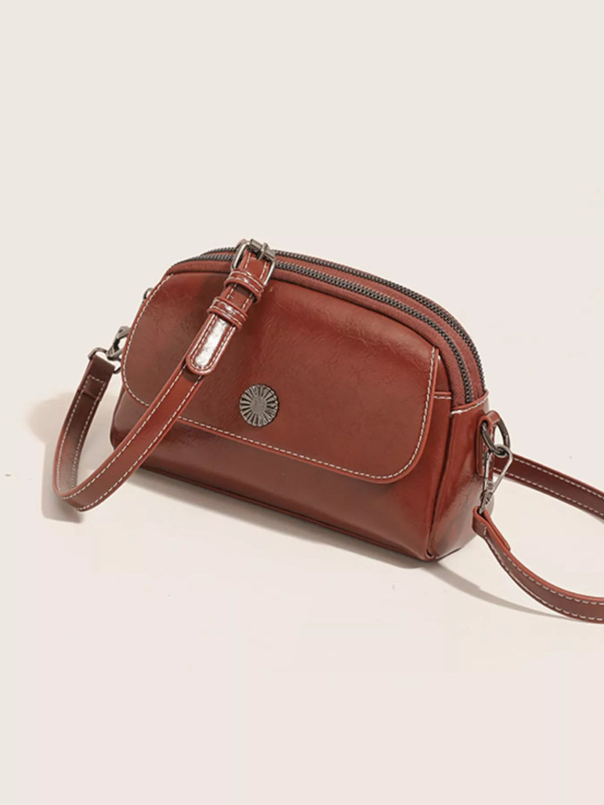 PU Leather Crossbody Bag with Metal Emblem Detail in Brown, view 9