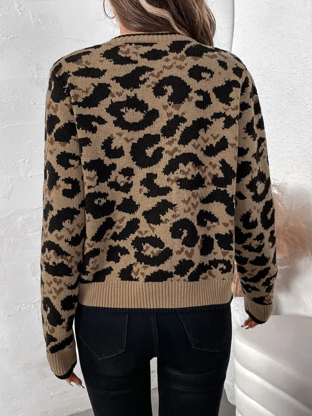 Perfee Tied Leopard Long Sleeve Cardigan in Tan, view 2
