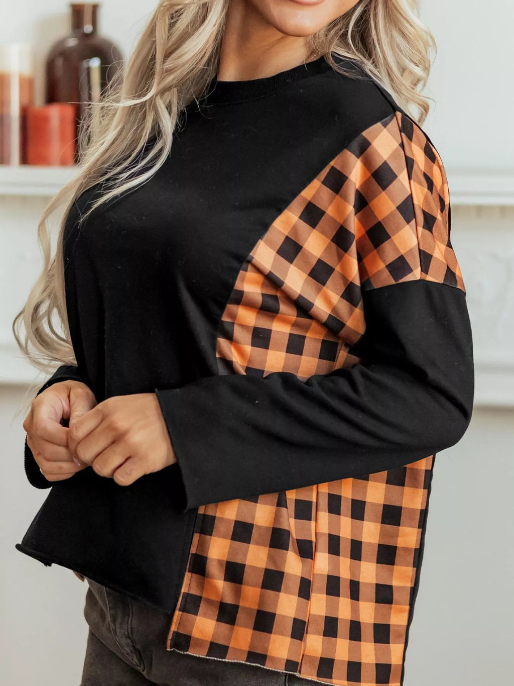 Patchwork Plaid Pumpkin Face Long Sleeve Top - Lilixa.store