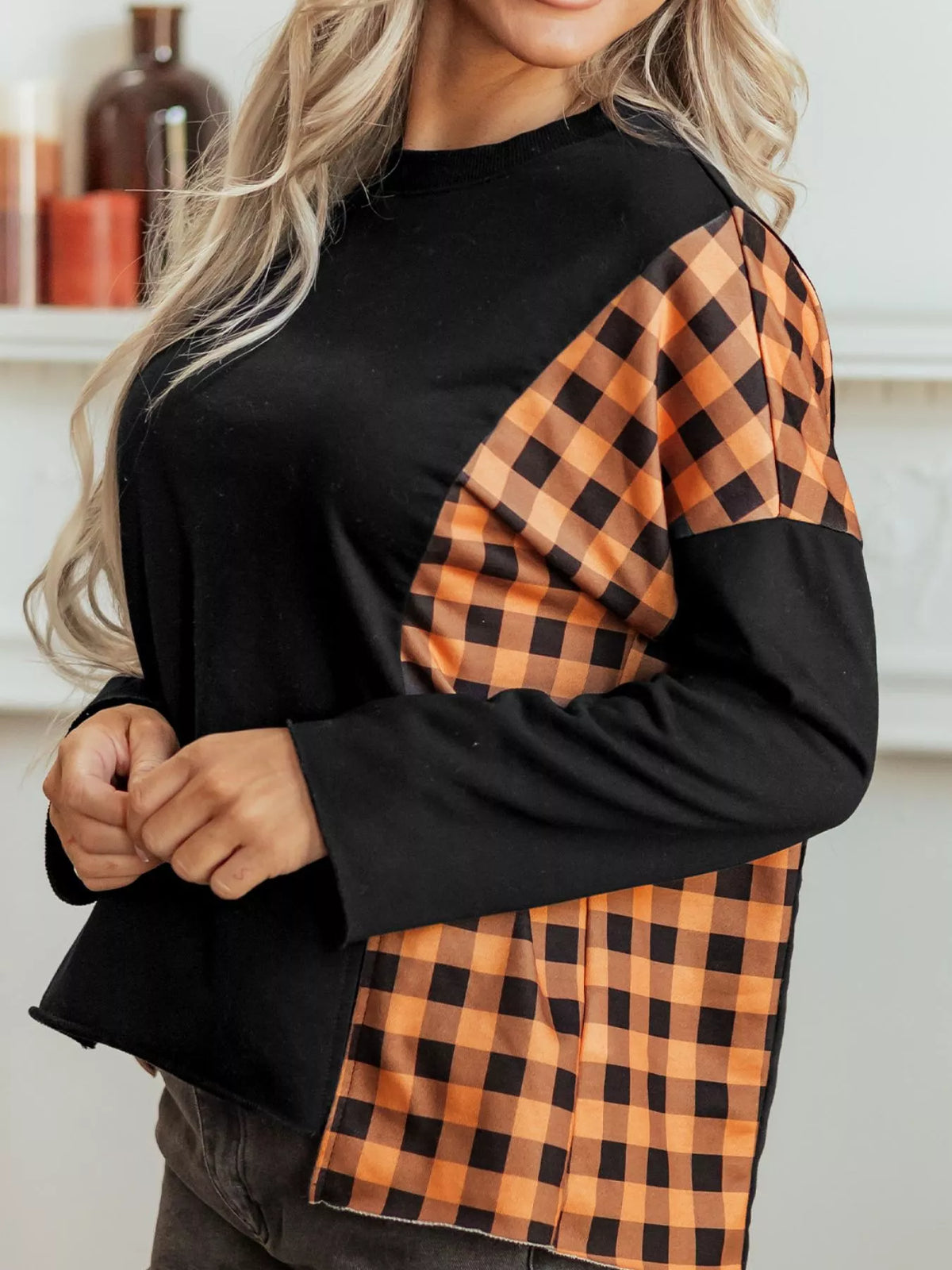 Patchwork Plaid Pumpkin Face Long Sleeve Top - Lilixa.store