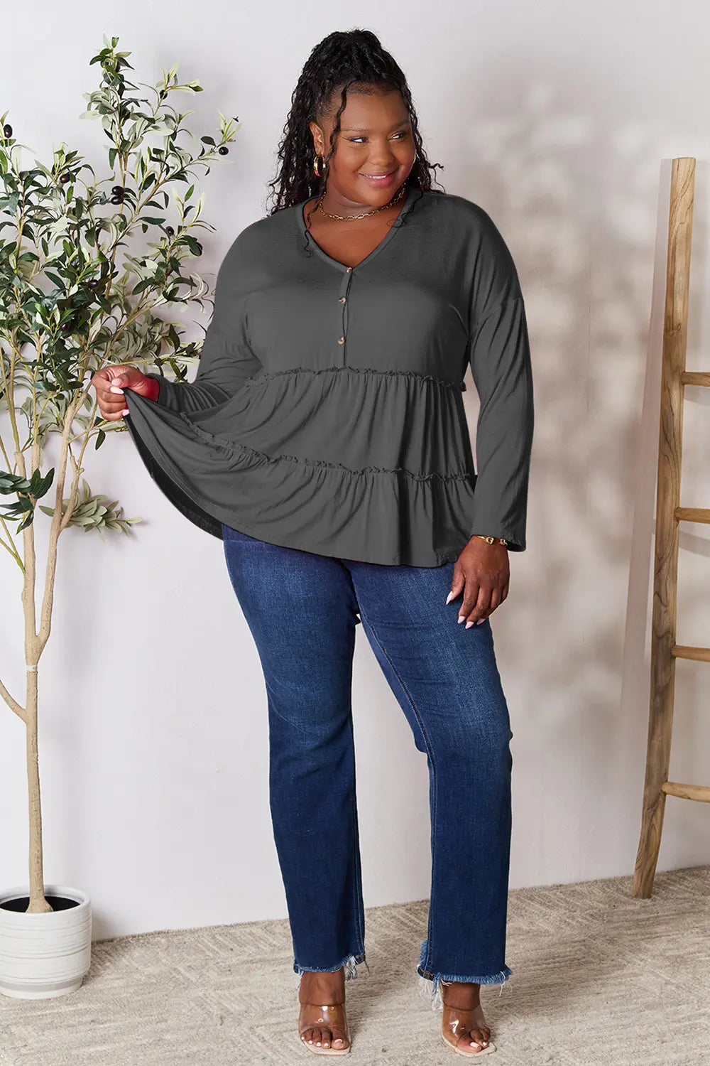 Double Take Half Button Long Sleeve Ruffle Hem Blouse - Lilixa.store