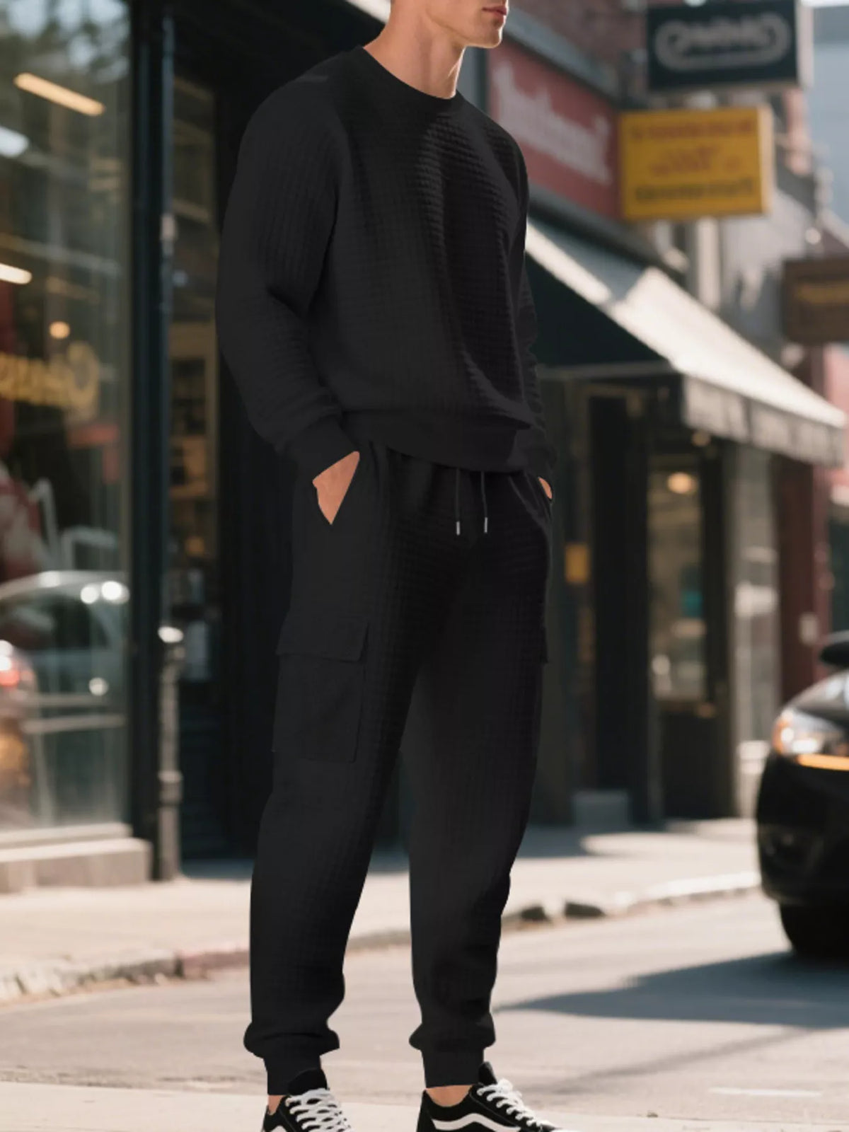 Men's Plus Size Waffle Knit Textured Crewneck Sweatshirt and Jogger Set - Lilixa.store