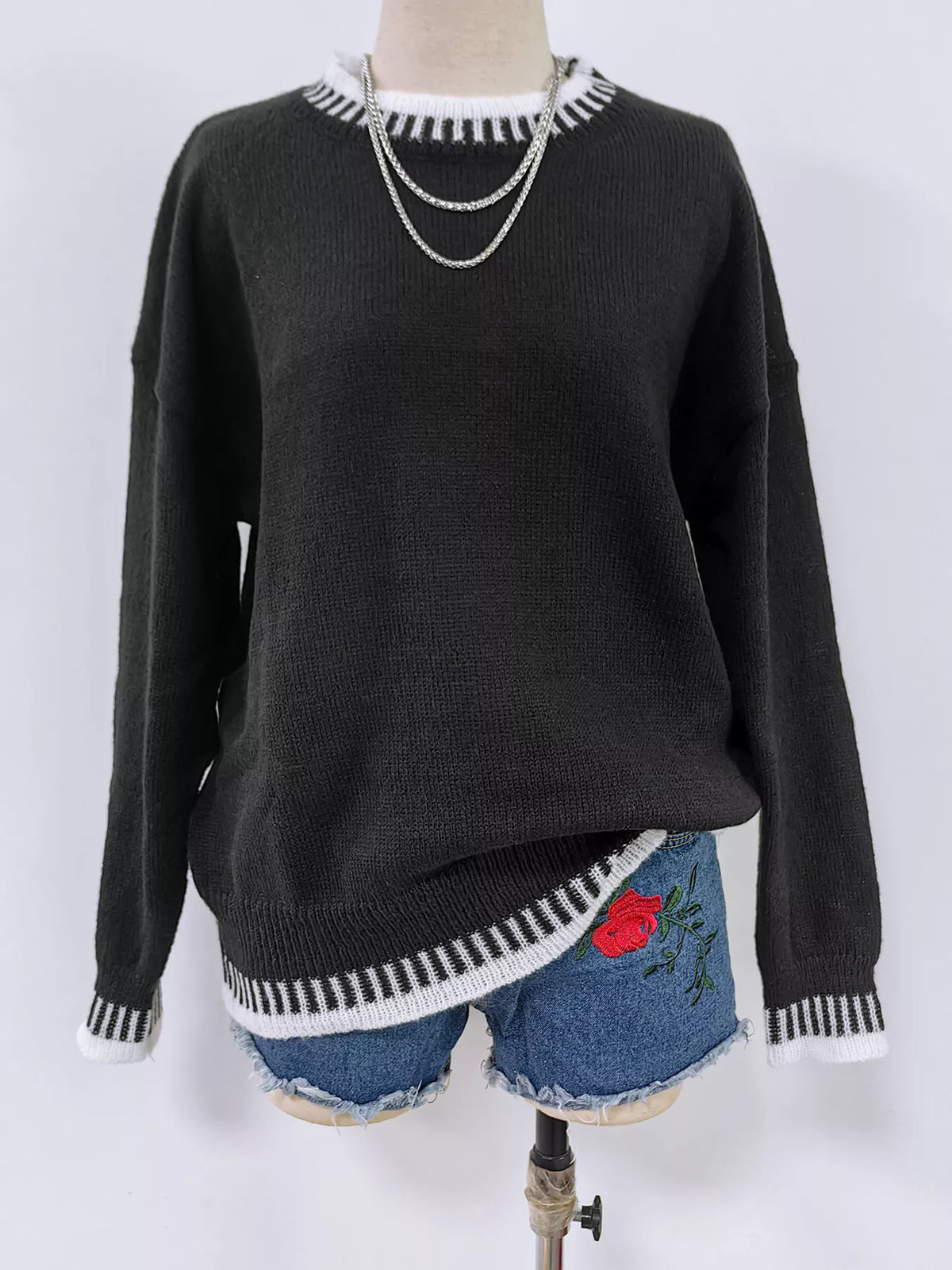 Contrast Trim Crew Neck Drop Shoulder Sweater - Lilixa.store