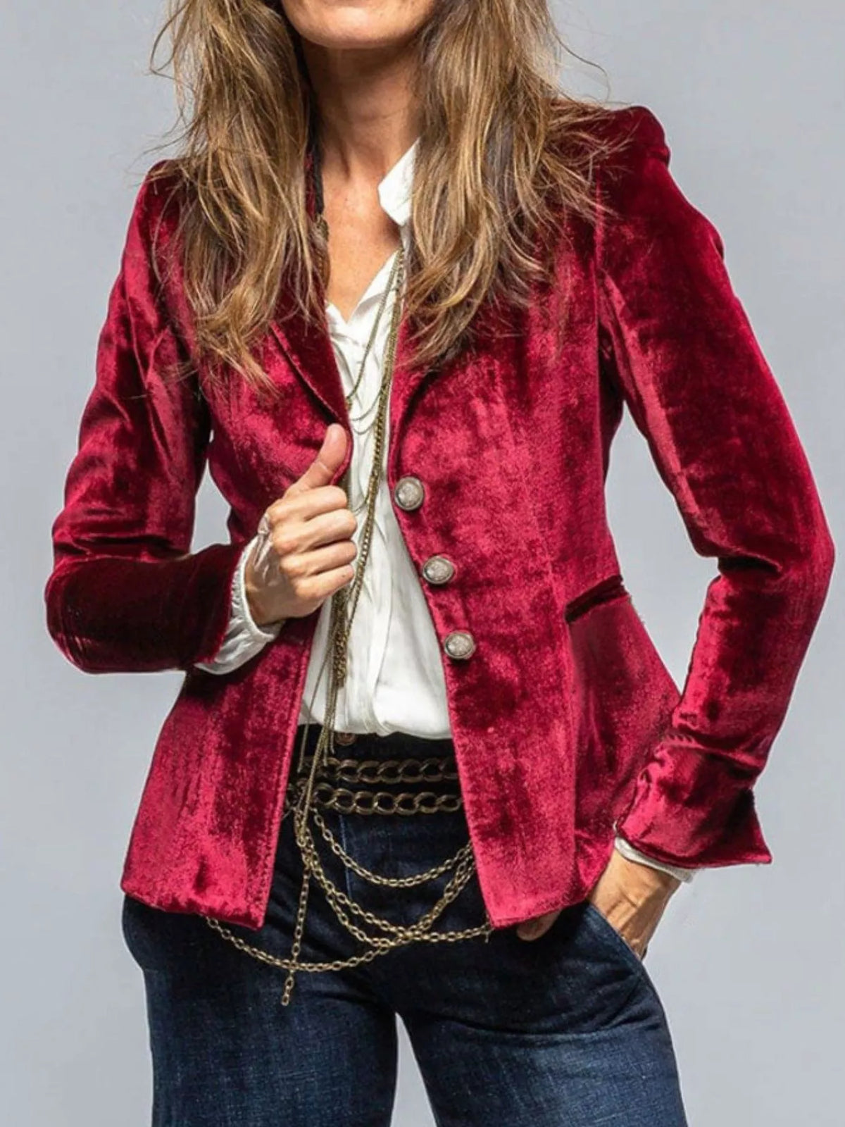 Velvet Lapel Collar Button Up Blazer - Lilixa.store